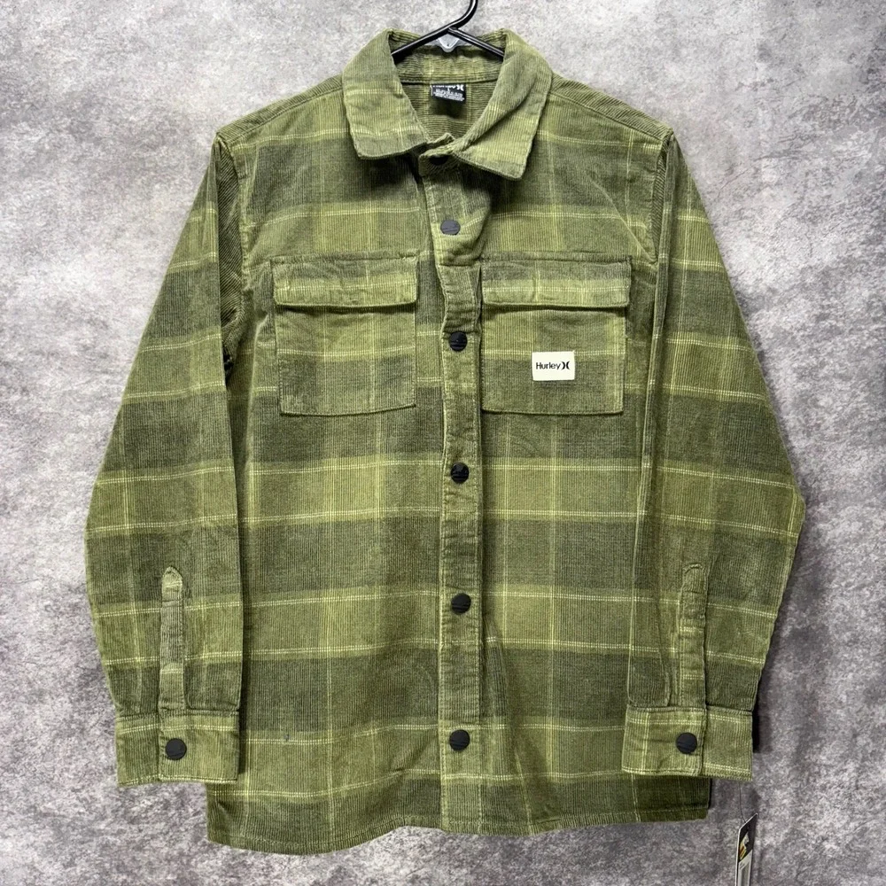 Hurley Green Plaid Corduroy Shirt Jacket Shacket Boys Size L Heavy Heritage NWT